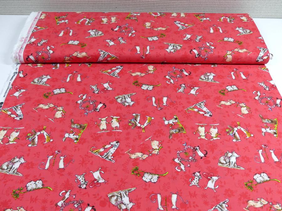 Preview: Patchworkstoff From the Hearts in Rot mit Mäusen, Hunden, Hasen und mehr von Clothworks